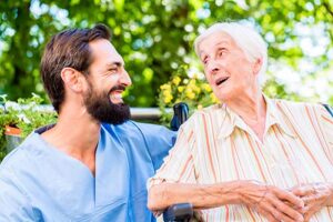 patient and nurse outdoors discuss wound care at home